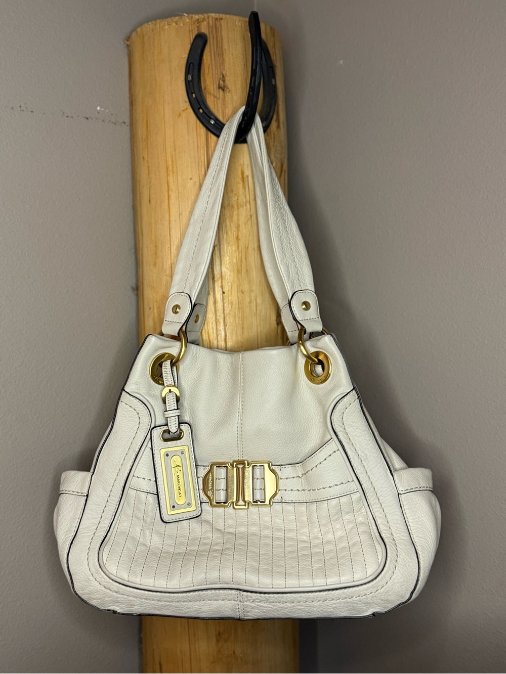 b. makowsky Cream Leather Shoulder Bag with Gold Hardware